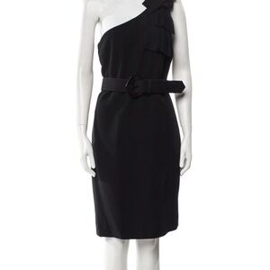 (US 8) Per Se Black One-Shoulder Dress with Belt and Flutter Shoulder